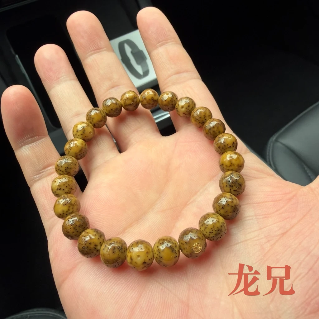 九个月后的星月菩提实拍：整串底色转为橄榄黄至土黄褐，表面有光泽，星点仍清晰
